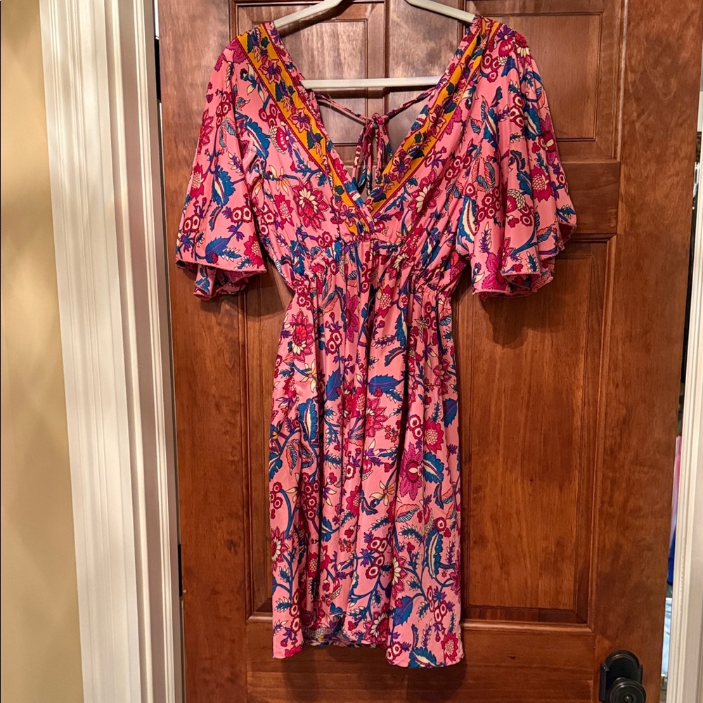 Floral Pink and Blue Dress with Ruffle Sleeves